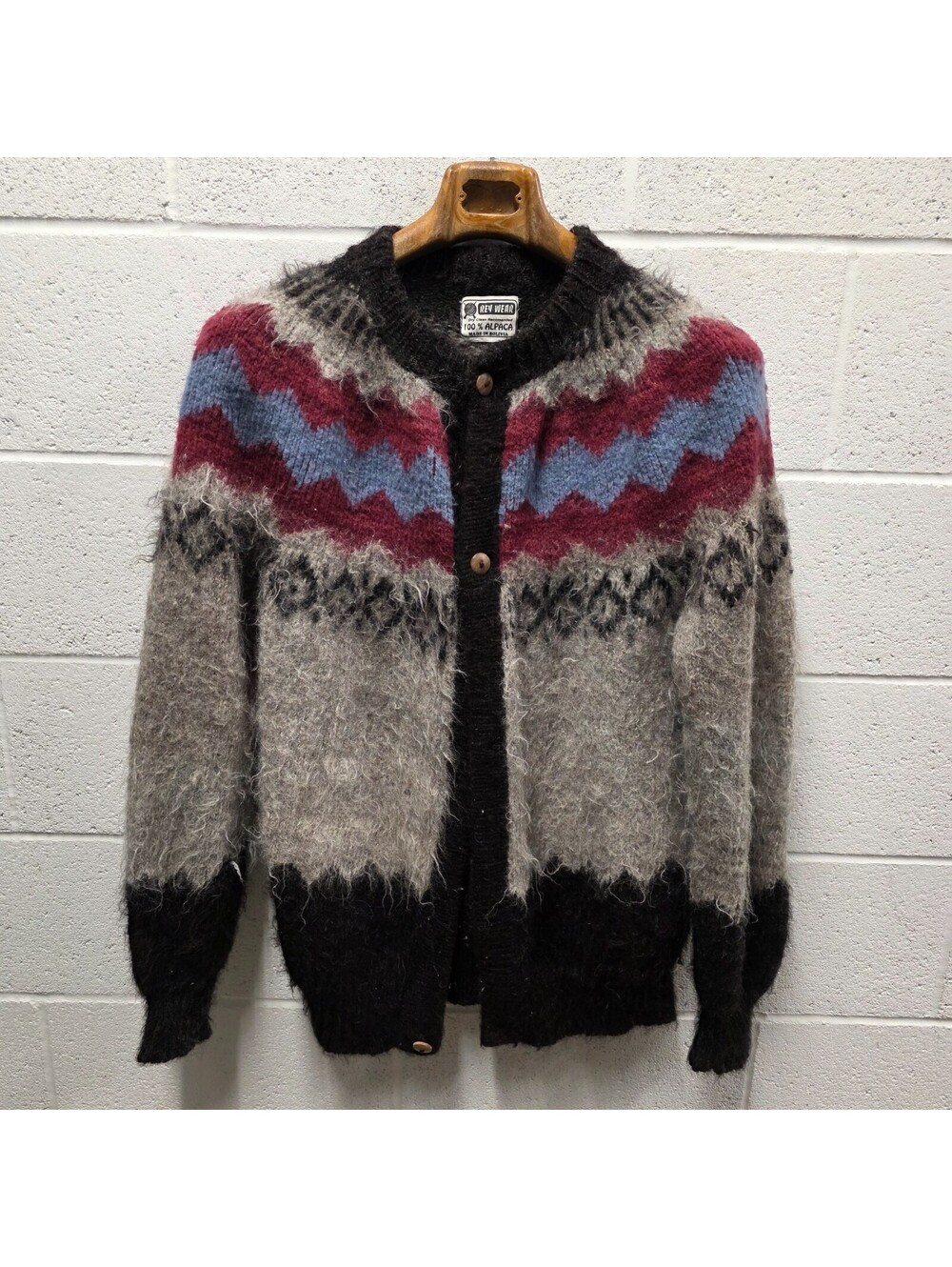 Vtg Rey Wear Shaggy 100% Alpaca Cardigan Fair Isle Grunge Winter Layering 19x31